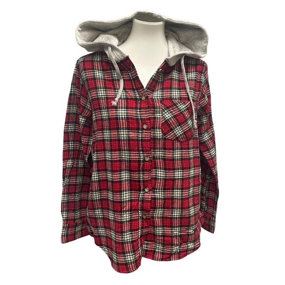 New Time and Tru Womens XL Long Sleeve Plaid Flannel Cotton Blend Hoodie - Picture 1 of 5